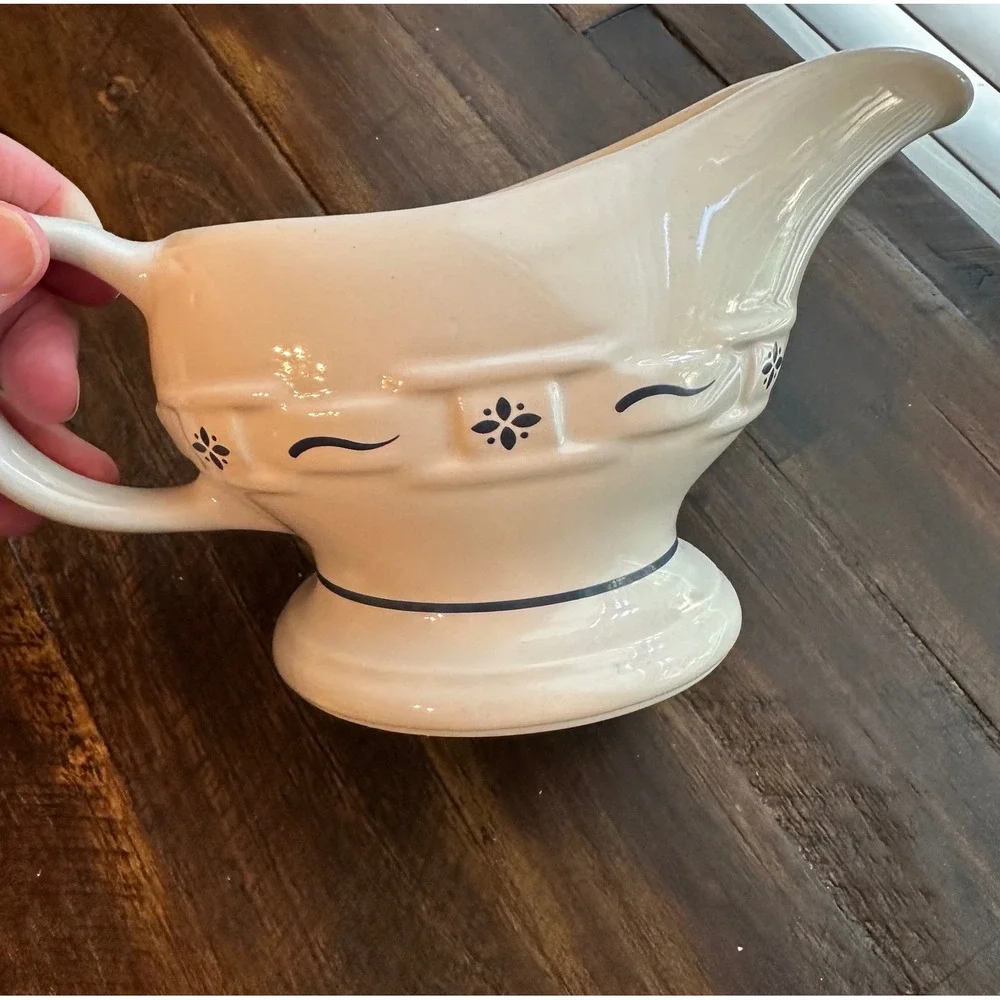 Longaberger Pottery Woven Traditions Ivory Gravy Boat Navy Blue Blue Accents USA